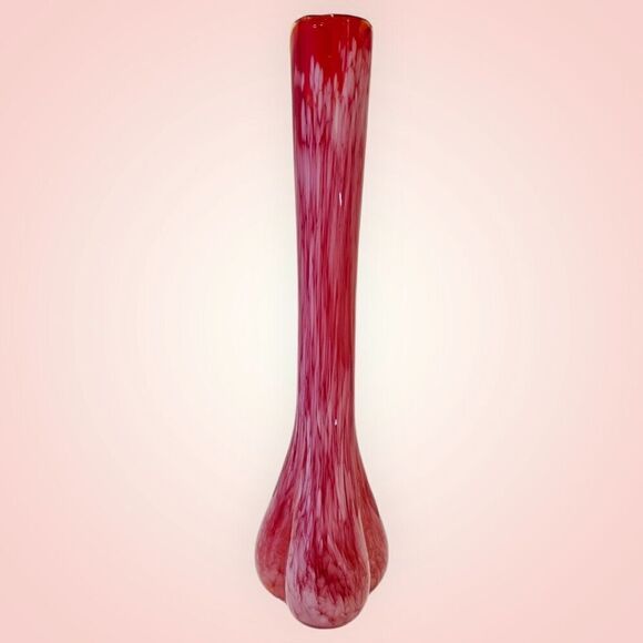 Vintage Red Glass Vase 1960's Red-Orange with White Swirls Art Glass Vase Swung - Picture 7 of 16